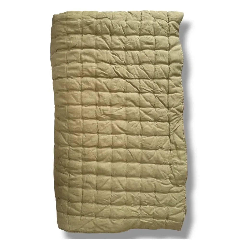 West Elm European Linen Lofty Tack Stitch Quilt King Size 92x108 Olive Green